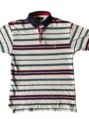 Woods & Woods Men's Striped Polo Shirt in White with Navy & Red Accents Size M